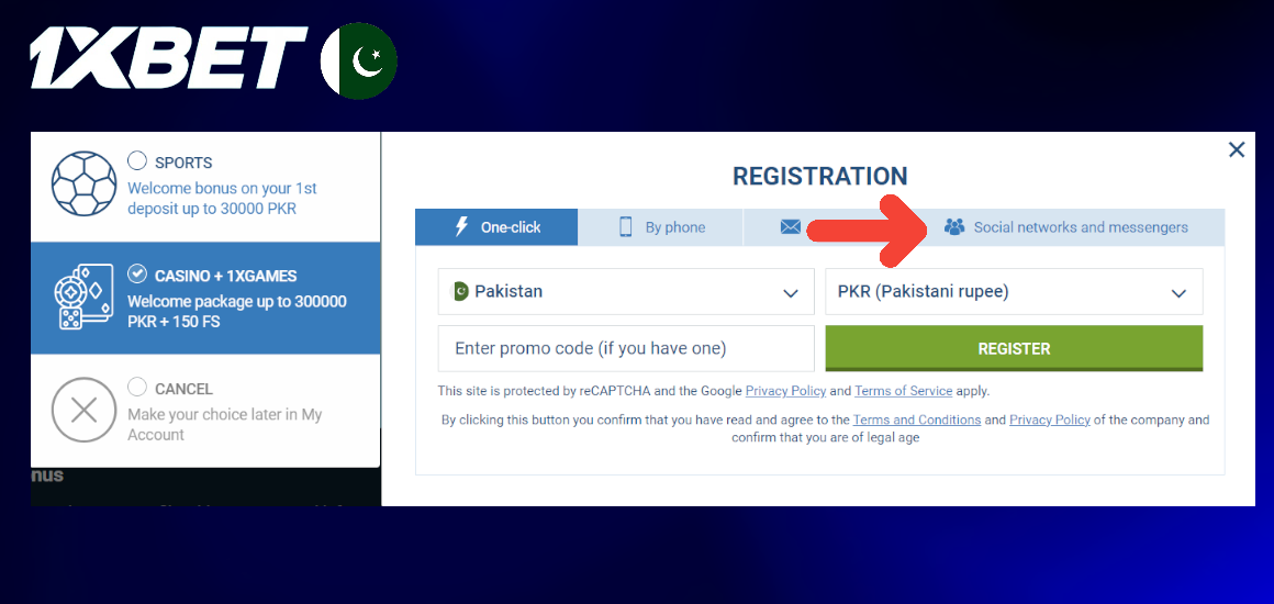 1xBet login via social networks